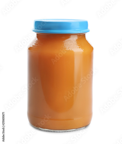 Jar with healthy baby food on white background