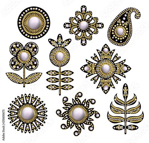 Textile embroidered patches with sequins, beads and pearls. Vector illustration.