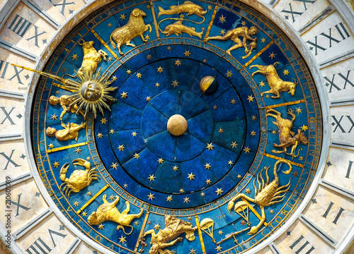 Ancient clock Torre dell'Orologio with Zodiac and astrology signs, Venice, Italy