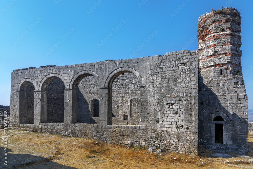 Albanian red flag and Ruins of Rozafa Castle, Shkoder, Albania.