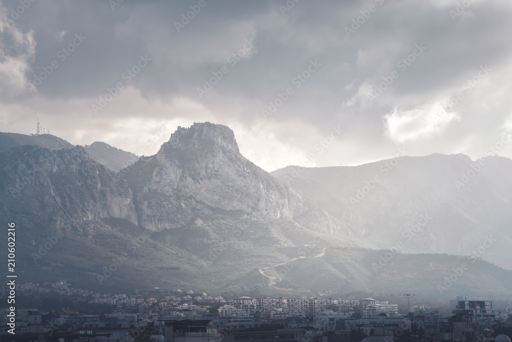 Kyrenia mountain range raise above Kyrenia city. Cyprus