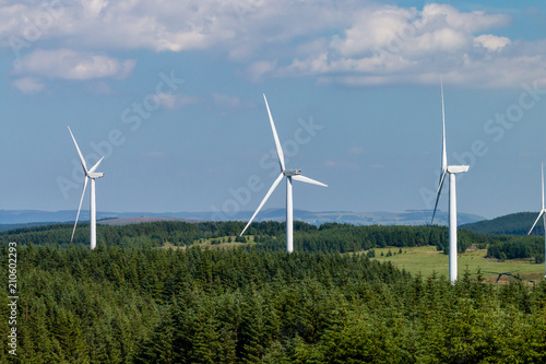 Huge turbines at a large mountain top wind farm (Pen y Cymoedd, Rhigos, Wales)