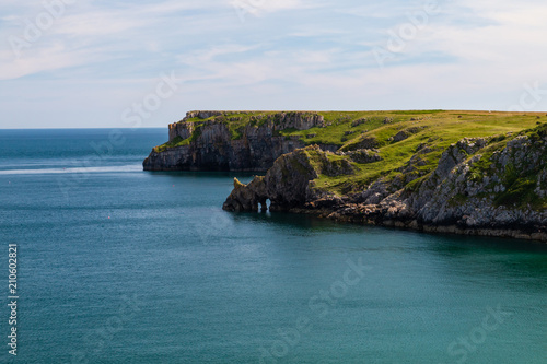 Aerial drone view of the beautiful Welsh coastline around Stackpole and Barafundle Bay