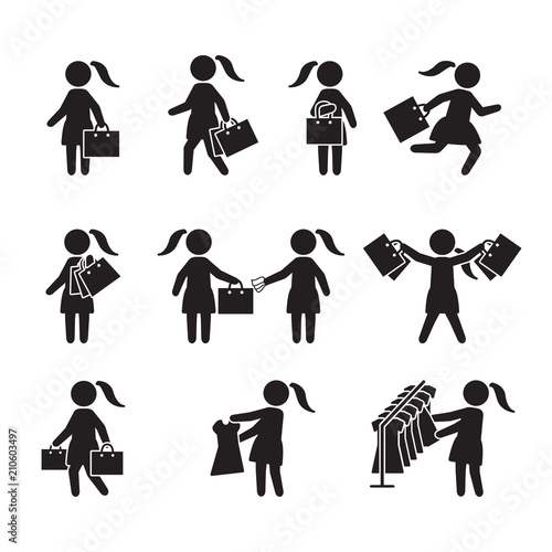 Woman with shopping bags and shopping icon set. Vector icons.