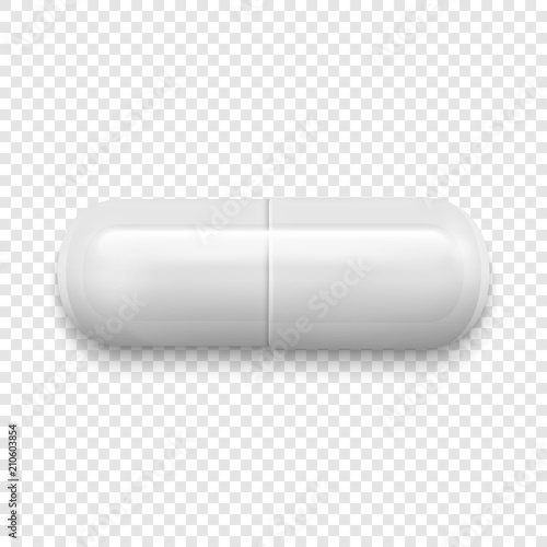 Vector realistic 3d white medical pill icon isolated on transparency grid background. Design template for graphics. Top view