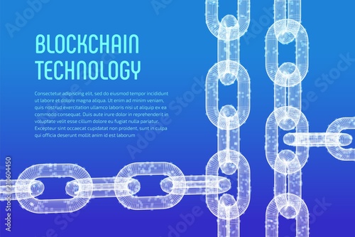 Block chain. Crypto currency. Blockchain concept. 3D wireframe chain with digital blocks. Editable cryptocurrency template. Stock vector illustration.