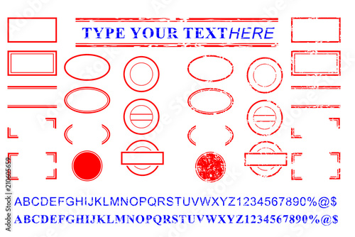 template red and blue alphabet, number, percent, dollar, dot, star, rectangle, lines oval circle rubber stamp effect