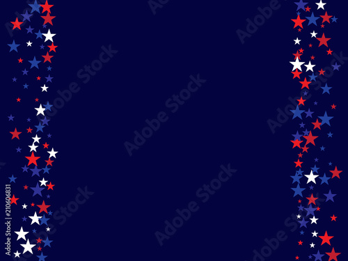 4th of July Independence Day American Stars Falling Confetti Vector Background. Red, Blue White Stars Border Patriotic Background. US, American Independence Day Banner, 4th of July Patriotic Bokeh.