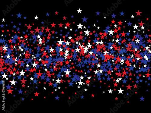 Fototapeta Naklejka Na Ścianę i Meble -  Patriotic 4th of July, Independence Day of America Stars Confetti. Flying Stars Texture, US Blue, Red, White Confetti Banner. USA Independence Day, 4th of July, National Symbols Banner Background.