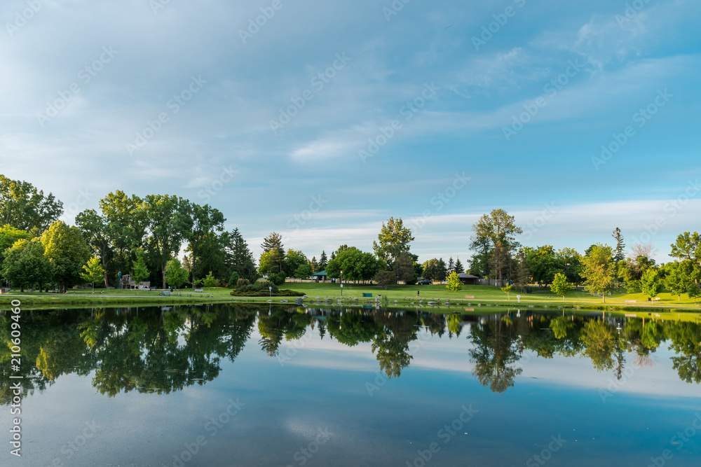 OTTAWA, ONTARIO / CANADA - JUNE 10 2018: TREES REFLECTION IN THE WATER IN THE MORNING. OTTAWA, ONTARIO / CANADA - JUNE 10 2018: TREES REFLECTION IN THE WATER IN THE MORNING.