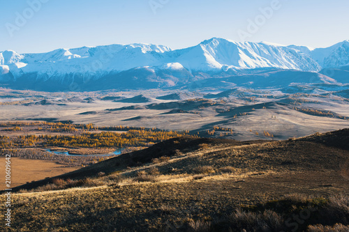 Panoramic of the Altai-Chuya ridge, Altai Mountain, West Siberia, Russia.