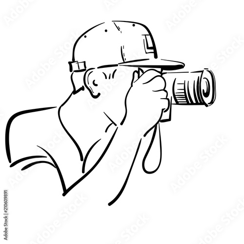 Male with camera close-up: drawing, sketch, isolated, black and white