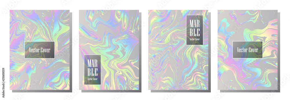 Holographic paper magic foil marble vector pattern. Fashion magazine cover background with rainbow spectrum metallic gradient hologram. Silver holographic foil paper pattern  marble design.