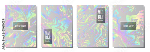 Holographic paper magic foil marble vector pattern. Fashion magazine cover background with rainbow spectrum metallic gradient hologram. Silver holographic foil paper pattern  marble design.