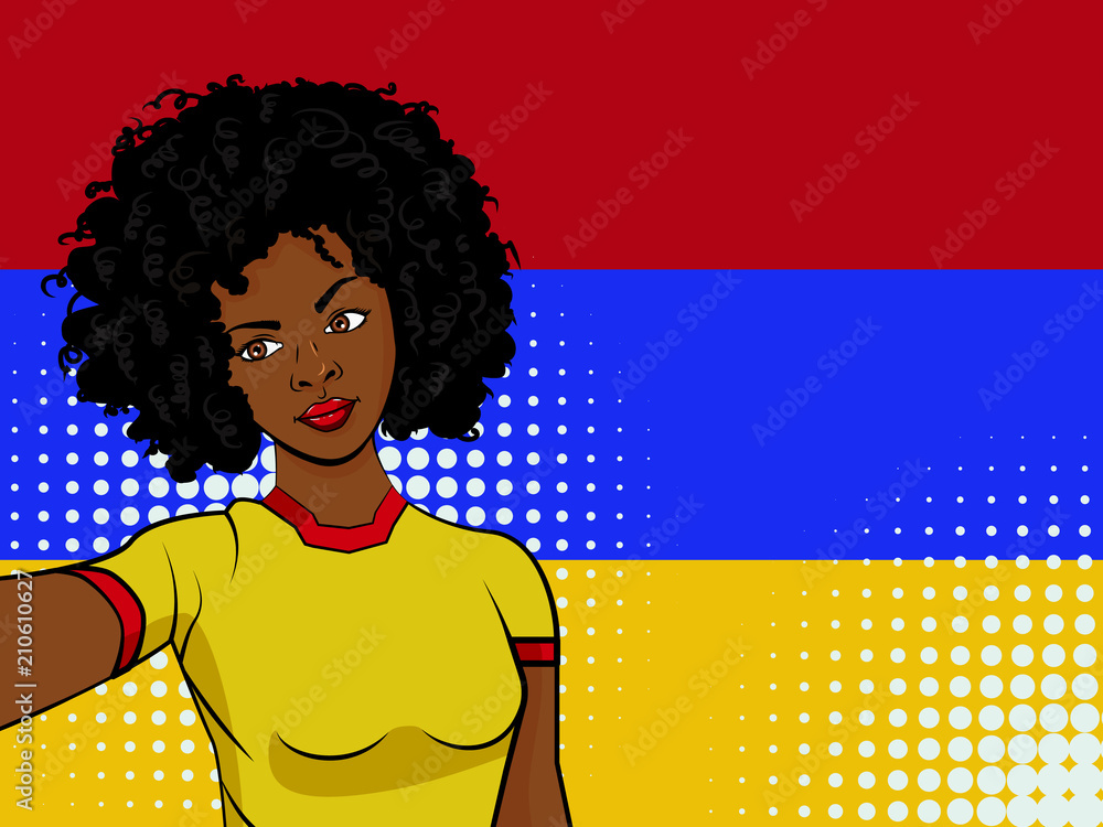 Fototapeta African American Girl sprawia, że selfie przed Flaga narodowa Armenia w stylu pop-art ilustracja. Element ilustracji dla fanów sportu dla aplikacji mobilnych i internetowych