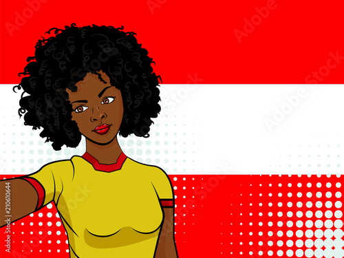 african american girl makes selfie in front of national flag Avstriya in pop art style illustration. Element of sport fan illustration for mobile and web apps photo