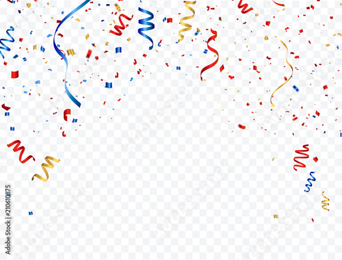 Celebration background template gold confetti and red and blue ribbons.