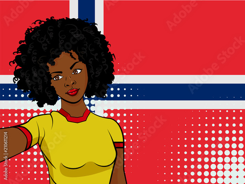 african american girl makes selfie in front of national flag Norway in pop art style illustration. Element of sport fan illustration for mobile and web apps