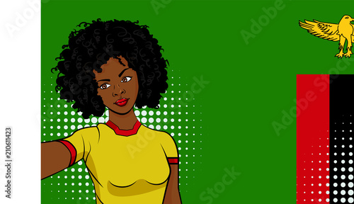 african american girl makes selfie in front of national flag Zambia in pop art style illustration. Element of sport fan illustration for mobile and web apps