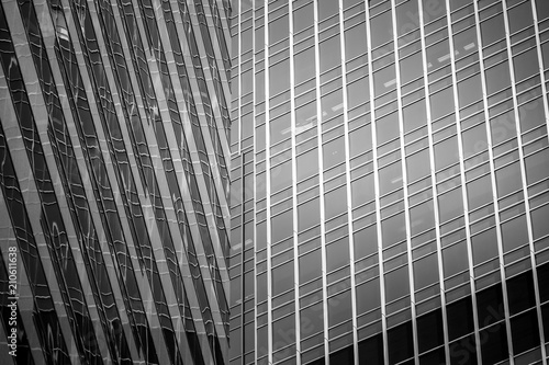 Bottom up view of Modern office building in Hong Kong in B W color