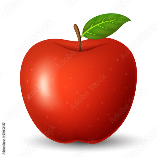 Red apple with green leaf isolated on white background