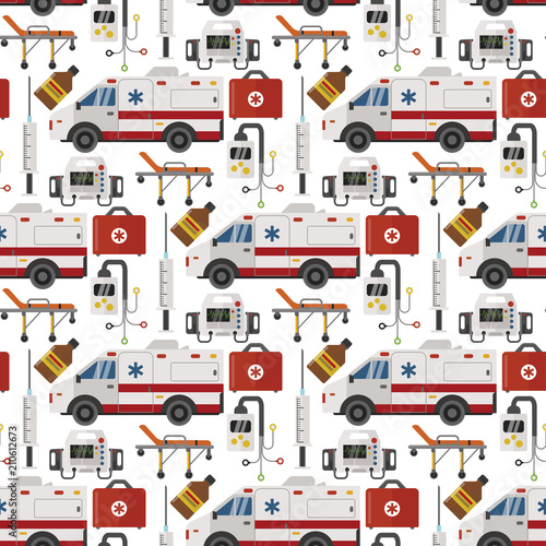 Ambulance vector medicine health emergency hospital urgent pharmacy pill support paramedic treatment seamless pattern background illustration