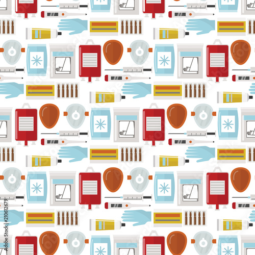 Ambulance vector medicine health emergency hospital urgent pharmacy pill support paramedic treatment seamless pattern background illustration