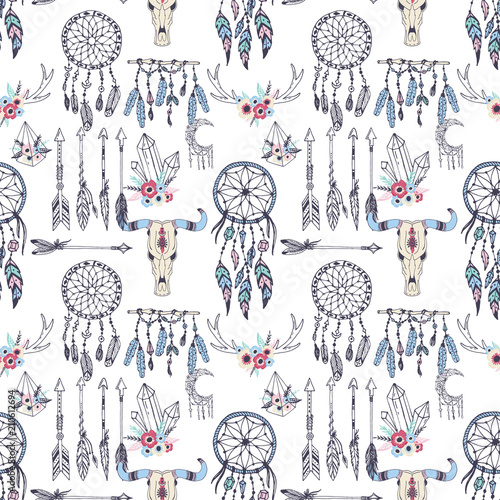 Creative vector boho style frames mady ethnic feathers arrows and floral elements seamless pattern background illustration.