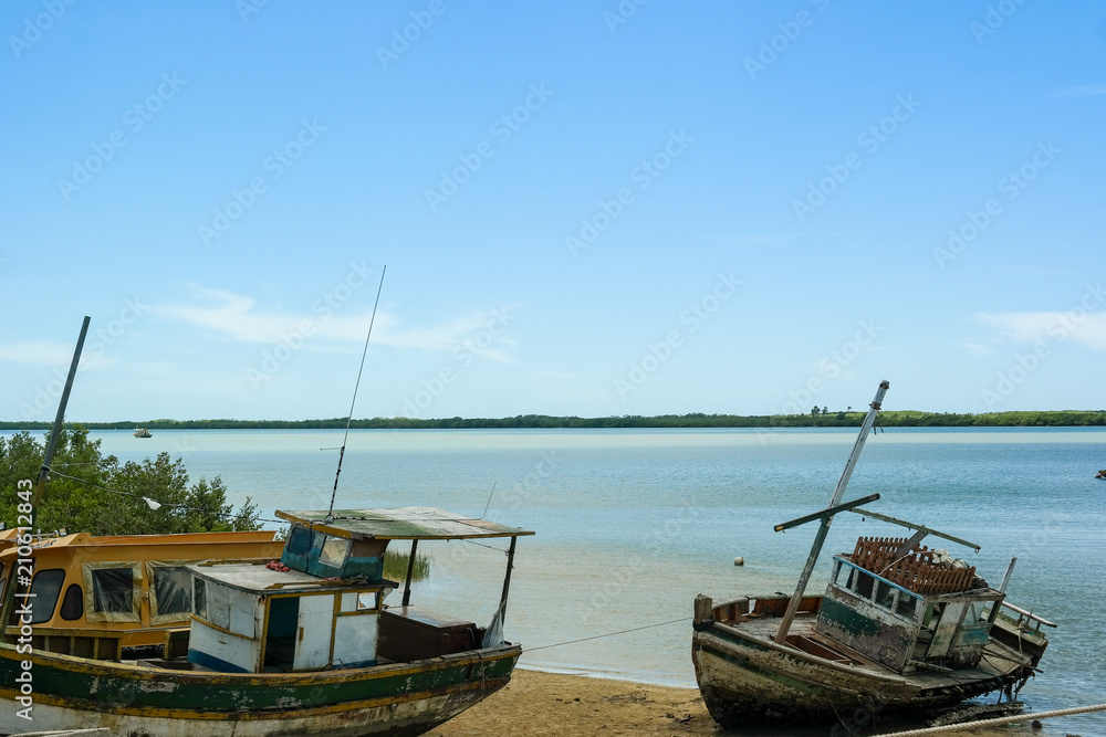 Boats, river, beach and landscape - Kitongo's beach (Praia Kitongo) - Bahia - Brazil Boats, river, beach and landscape - Kitongo's beach (Praia Kitongo) - Bahia - Brazil
