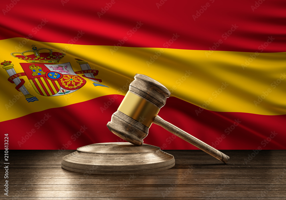 flag of Spain wooden judge gavel 3d-illustration