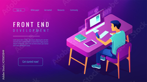 Isometric front end development landing page concept. Front end developer of web interfaces, coding and programmer illustration on ultraviolet background. Vector 3d isometric illustration.