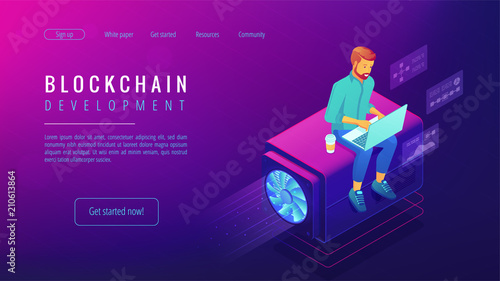 Isometric blockchain development landing page concept. Blockchain developer with computer infrastructure, global cryptocurrency illustration on ultraviolet background. Vector 3d isometric illustration