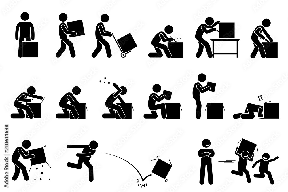 Man opening and unboxing a box. Stick figure pictogram depicts a man