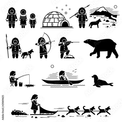Eskimo people, lifestyle, and animals. Stick figure pictogram depicts Eskimo human, igloo, hunting, fishing, polar bear, husky dog, sled dogs, seal, and canoe. 