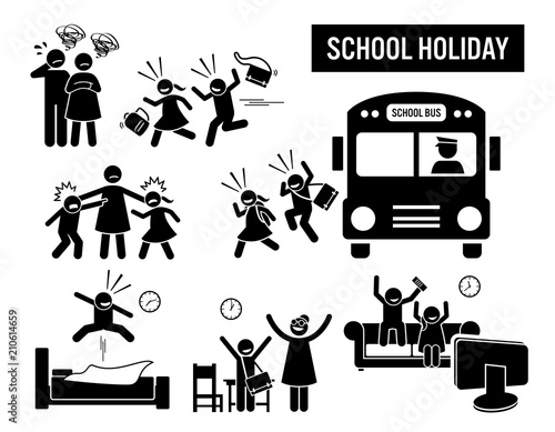 Children school holiday. Stick figure pictogram depicts school children coming back from school holiday. The parent are sad, but the kids are happy. Icon set show student or pupil running back home.