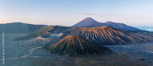 Panoramic Mount Bromo volcanic  famous travel destination and tourist attraction in Indonesia in morning