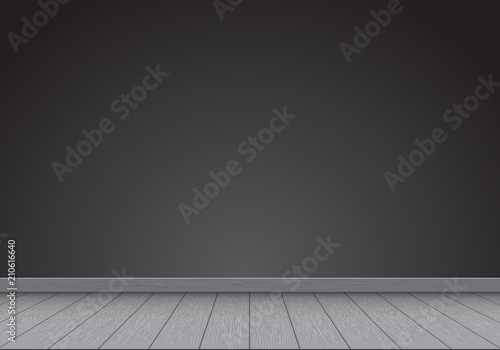 Realistic black wall blank with gray wood floor interior background vector illustration. © patthana