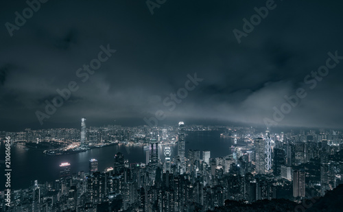 Wallpaper Mural Hong Kong city with Victoria harbor and buildings at night, black and white Torontodigital.ca