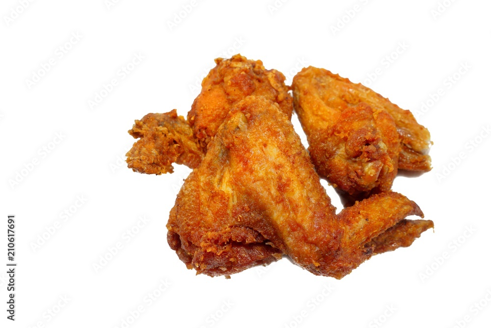 Top view fried chicken wings drumstick isolated on white background. Space for text in template. Top view fried chicken wings drumstick isolated on white background. Space for text in template.
