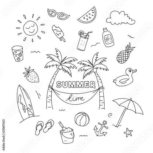 Summer time doodle artwork with beach holiday elements. Hand drawn illustration.