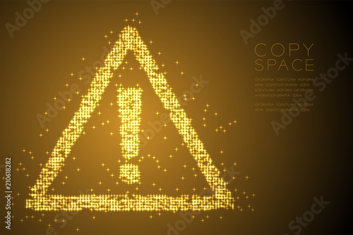Abstract Shiny Bokeh star pattern Attention sign triangle shape, safety first concept design gold color illustration isolated on brown gradient background with copy space, vector