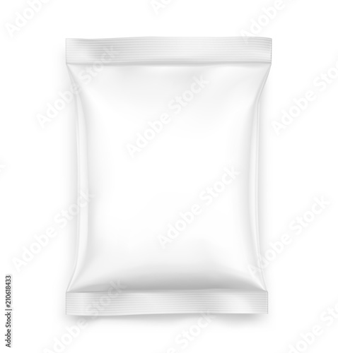 Realistic flow pack isolated on white background. Front view. Vector illustration. Can be use for template your design, presentation, promo, ad. EPS 10.