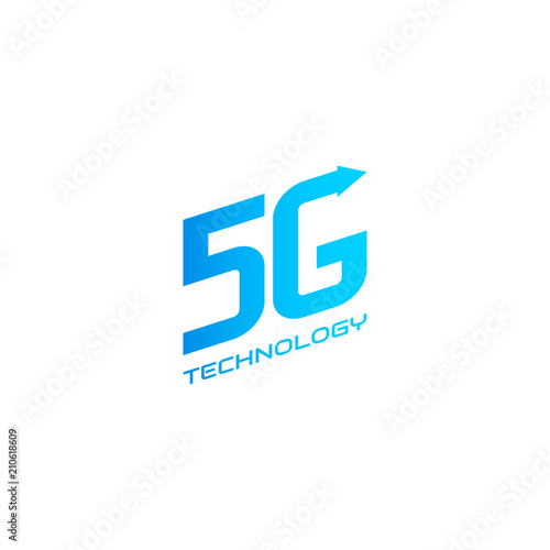 5G label design template. Blue vector icon of 5th generation wireless internet network connection. Information technology logo.