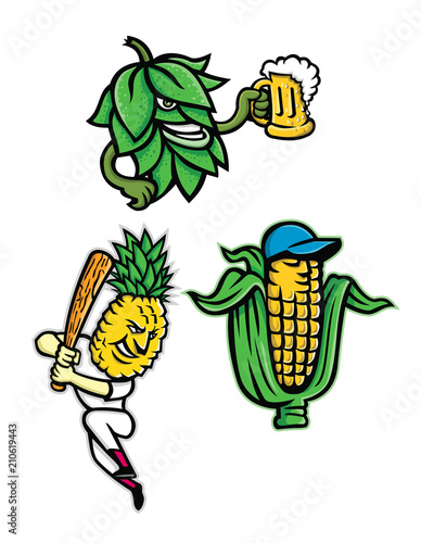 Mascot icon illustration set of fruits and vegetables like a beer hops drinking mug of ale, a maize or corn cob wearing a baseball cap and a pineapple with baseball bat batting on isolated background 