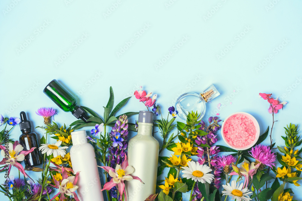 Natural Cosmetics set. Organic products and wild herbs and flowers - obrazy, fototapety, plakaty 