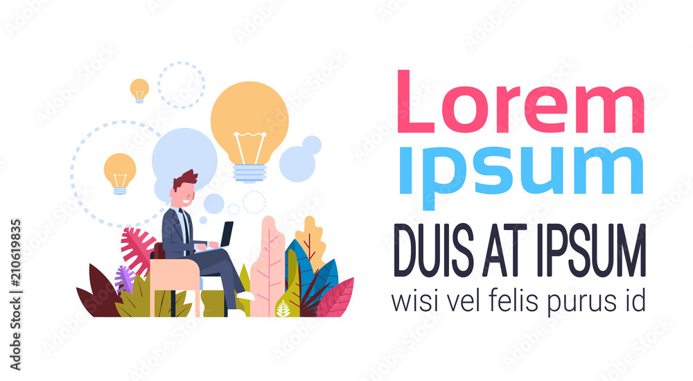 new idea concept over light lamp background businessman generate laptop office desk flat banner copy space vector illustration