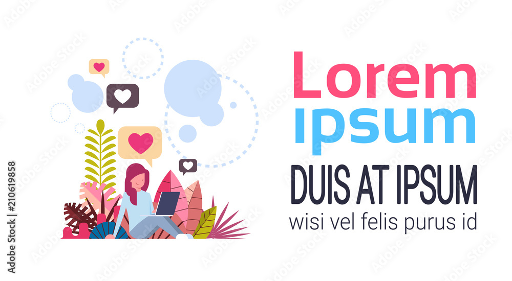 woman love heart chat bubbles icon hold laptop messenger concept background flat copy space banner vector illustration woman love heart chat bubbles icon hold laptop messenger concept background flat copy space banner vector illustration