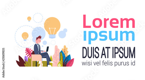 new idea concept over light lamp background businessman generate laptop office desk flat banner copy space vector illustration