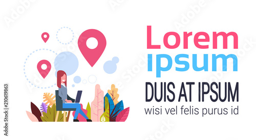 woman geolocation tag marked bubbles map pin hold laptop navigation concept background flat copy space banner vector illustration