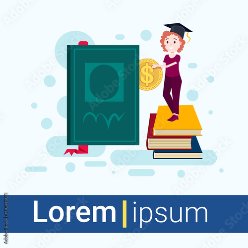 woman student cup standing stack of book hold dollar coin study haracter on white background full length flat copy space vector illustration